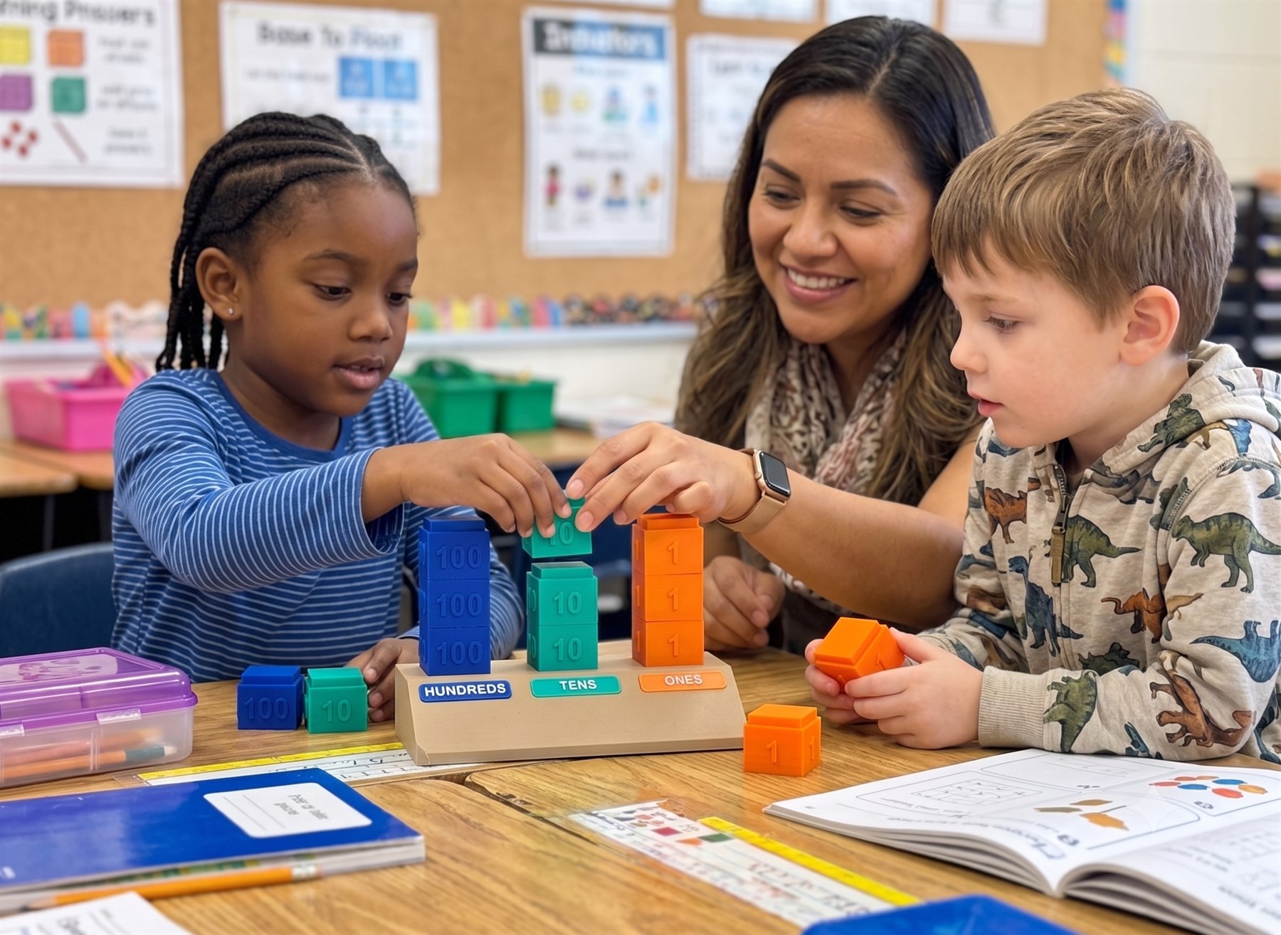A teacher and two students building numbers with colorful place-value blocks