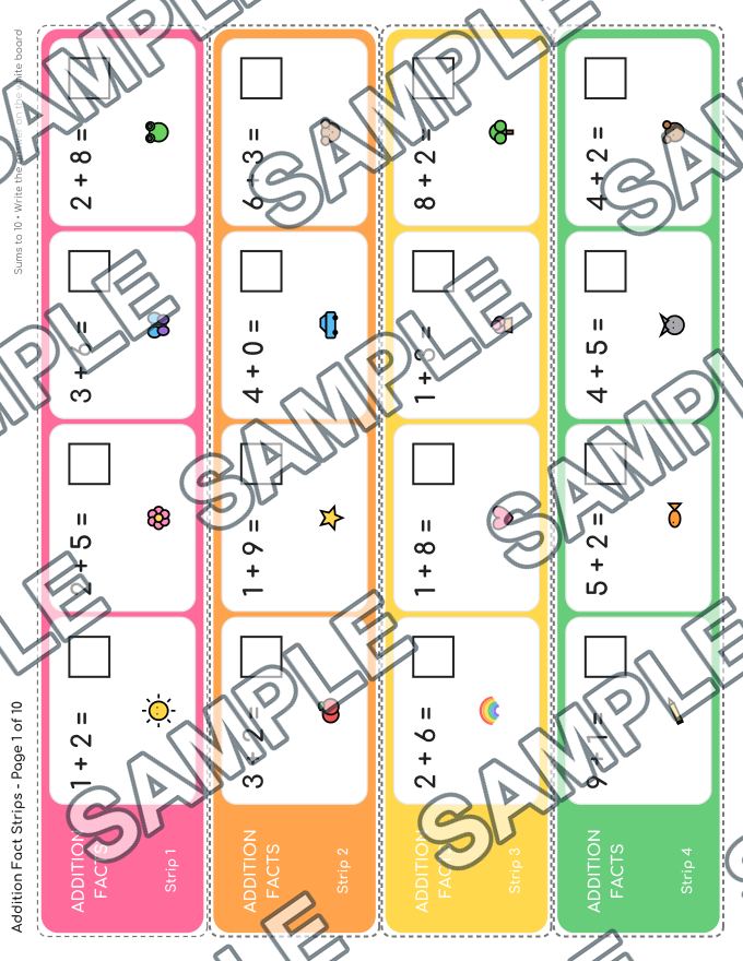 Addition Fact Strips: Sums to 10 — sample page 1